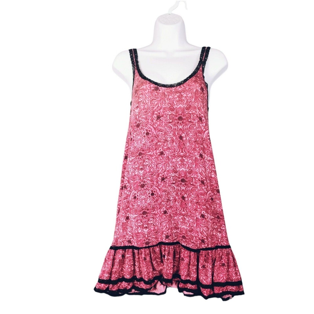 La Lingerie Nightie Women's M Pink Black Floral Lace Ruffle Soft Stretchy Modal